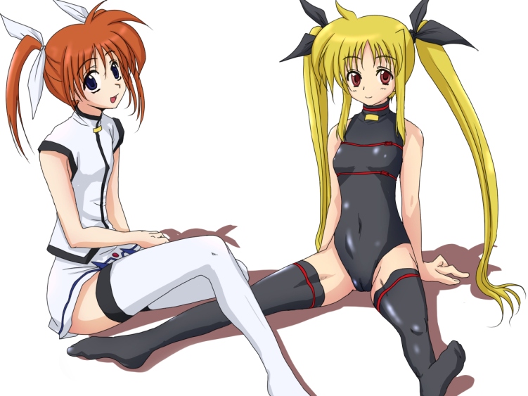 gununu (pixiv), fate testarossa, takamachi nanoha, lyrical nanoha, mahou shoujo lyrical nanoha, 00s, 2girls, blonde hair, breasts, multiple girls, sitting, small breasts, spread legs, thighhighs, twintails, yuri