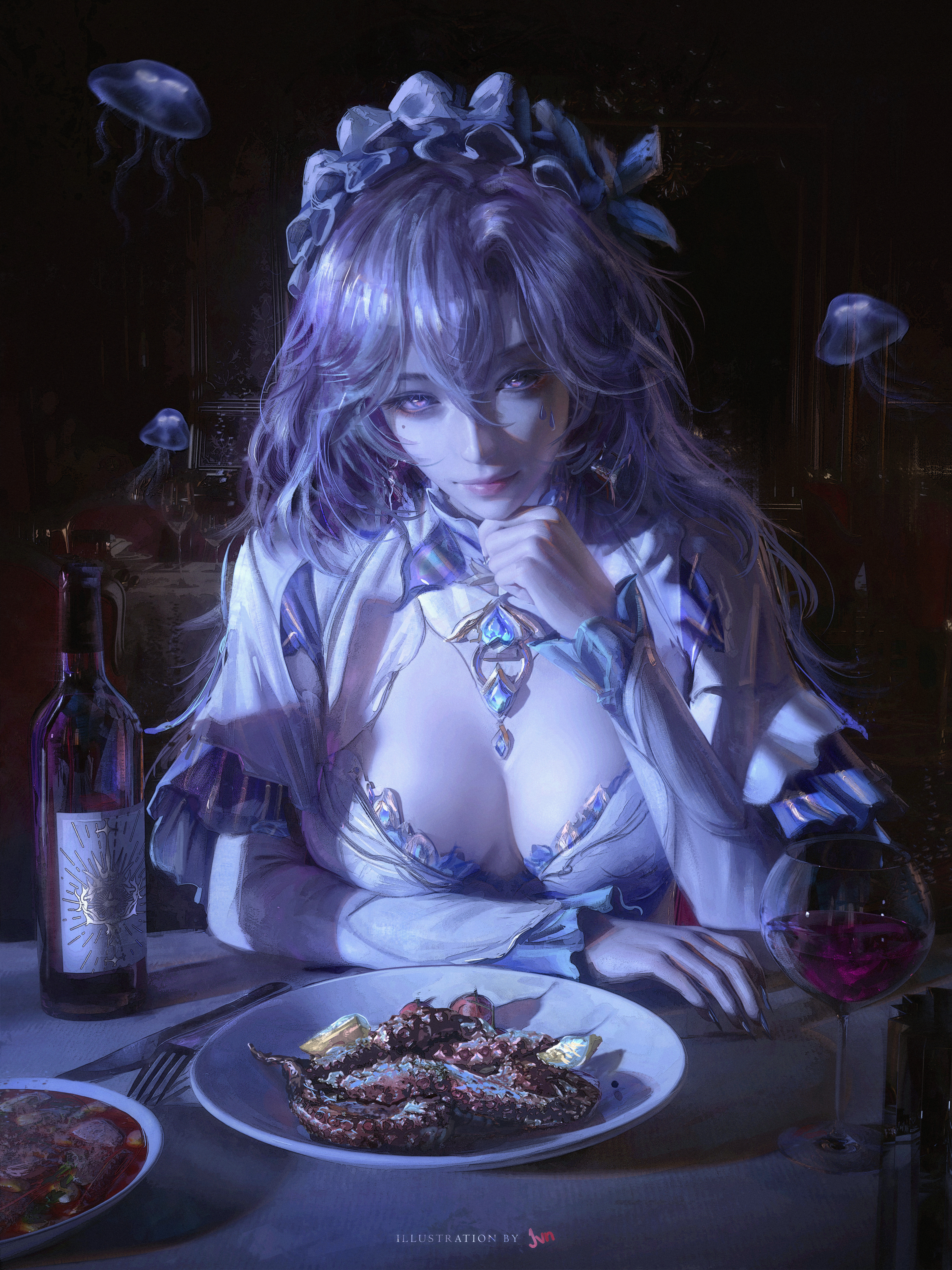 jvn, cantarella (wuthering waves), wuthering waves, absurdres, commentary, english commentary, highres, 1girl, artist name, blue flower, bottle, breasts, cup, cutlery, dinner, drinking glass, earrings, facial mark, fingernails, flower, food, fork, hair between eyes, hair flower, hair ornament, headdress, indoors, jellyfish, jewelry, knife, large breasts, long fingernails, long hair, looking at viewer, mark under eye, mole, mole under eye, nail polish, purple eyes, purple hair, purple nails, purple theme, shrug (clothing), solo, white shrug, wine glass