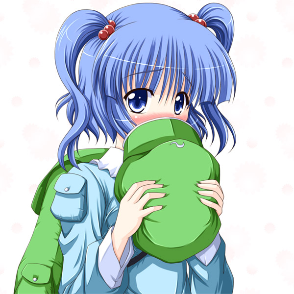 bococho, kawashiro nitori, touhou, 1girl, backpack, bag, blue hair, blush, covering face, covering privates, embarrassed, female focus, hair bobbles, hair ornament, hat, holding, holding unworn clothes, holding unworn hat, pocket, randoseru, short hair, shy, simple background, solo, twintails, two side up, unworn hat, unworn headwear, upper body, white background