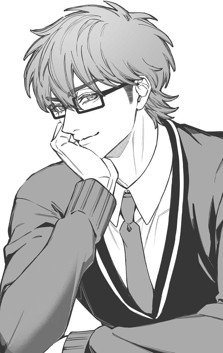 miyuki kazuya, ace of diamond, commentary request, highres, 1boy, collared shirt, fuko tyo, glasses, greyscale, hand on own chin, long sleeves, looking at viewer, male focus, monochrome, necktie, school uniform, semi-rimless eyewear, shirt, short hair, sideburns, simple background, smile, solo, upper body, white background