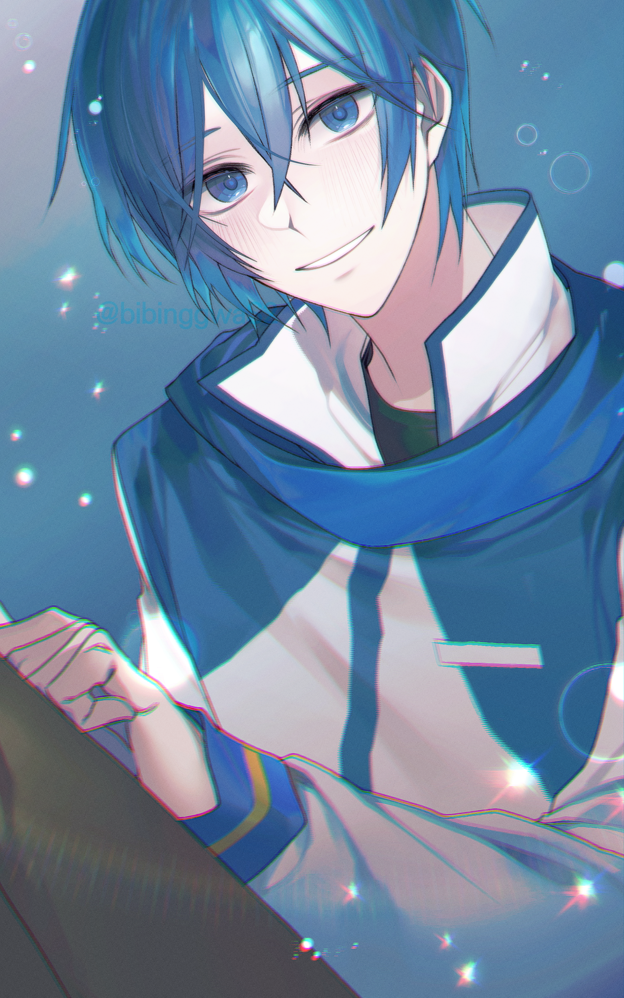 bibinggwas2, kaito (vocaloid), vocaloid, absurdres, highres, 1boy, black jacket, black pants, blue eyes, blue hair, blue scarf, blush, grin, hair between eyes, jacket, lens flare, looking at viewer, male focus, pants, scarf, shirt, short hair, smile, solo, white jacket