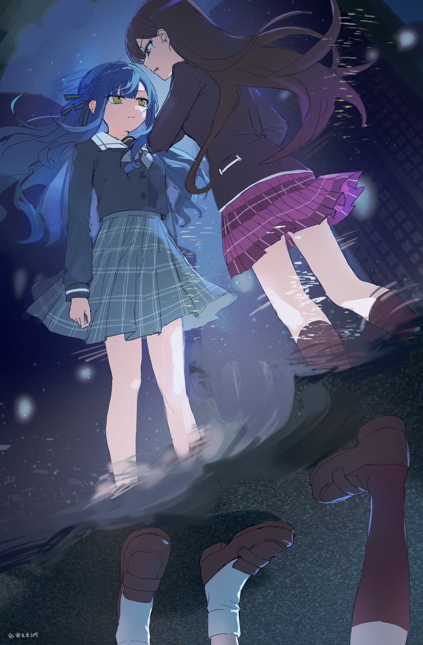 shiina taki, togawa sakiko, bang dream!, bang dream! it's mygo!!!!!, commentary request, highres, 2girls, birthday1730225, black hair, black jacket, black ribbon, blue hair, blue shirt, blue skirt, brown shoes, closed mouth, floating hair, hair ribbon, haneoka school uniform, jacket, kneehighs, loafers, long hair, long sleeves, mole, mole under eye, multiple girls, night, open mouth, plaid clothes, plaid skirt, pleated skirt, purple eyes, purple socks, reflection, reflection focus, reflective water, ribbon, school uniform, shirt, shoes, sidelocks, skirt, socks, tsukinomori school uniform, white socks, yellow eyes