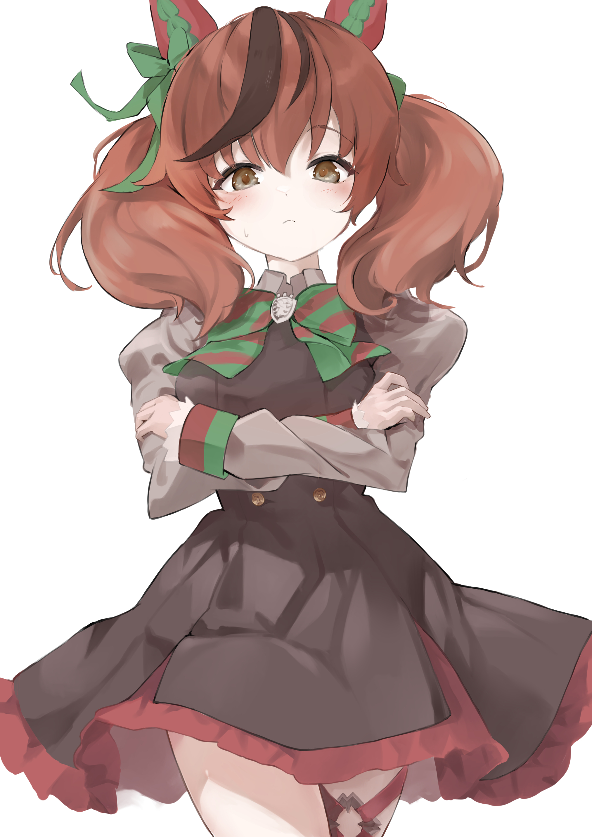 mugi no hikyaku, nice nature (umamusume), umamusume, absurdres, commentary request, highres, 1girl, animal ears, bow, brown dress, brown eyes, brown hair, cowboy shot, crossed arms, dress, ear covers, ear ribbon, horse ears, horse girl, juliet sleeves, long sleeves, looking at viewer, multicolored hair, puffy sleeves, simple background, solo, streaked hair, striped bow, sweatdrop, twintails, white background