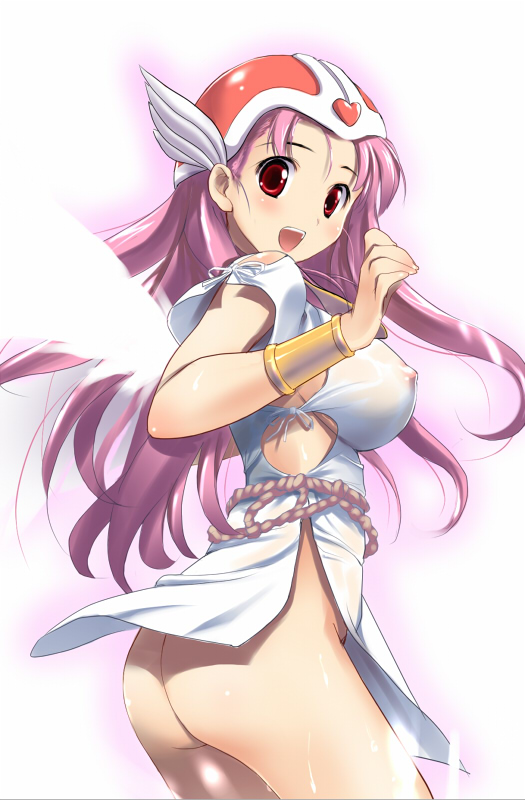 hima, lucia (dq), chunsoft, dragon quest, dragon quest iv, enix, 1girl, angel wings, ass, blush, bottomless, bracer, breasts, cowboy shot, female focus, gradient background, helmet, large breasts, long hair, miniskirt, nipples, no panties, pink hair, red eyes, see-through clothes, skirt, solo, wings