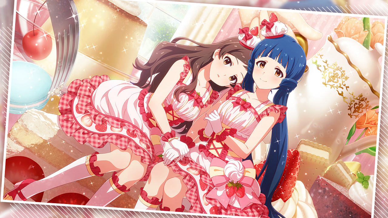kitakami reika, kitazawa shiho, idolmaster, idolmaster million live!, idolmaster million live! theater days, commentary request, game cg, official art, third-party source, 2girls, blue hair, bow, brown eyes, brown hair, cake, cake slice, cherry, closed mouth, dress, dress bow, dutch angle, food, fork, fruit, gloves, hat, high heels, kneehighs, long hair, looking at viewer, mini hat, mini person, minigirl, multiple girls, parted lips, pink dress, side-by-side, sitting, sleeveless, sleeveless dress, smile, socks, sparkle, strawberry, teapot