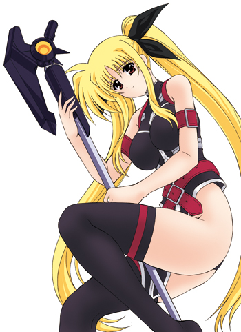 kamogawa tanuki, bardiche (assault form) (nanoha), bardiche (nanoha), fate testarossa, fate testarossa (true sonic form), lyrical nanoha, mahou shoujo lyrical nanoha, mahou shoujo lyrical nanoha strikers, lowres, 00s, 1girl, blonde hair, female focus, long hair, solo, thighhighs, twintails, very long hair