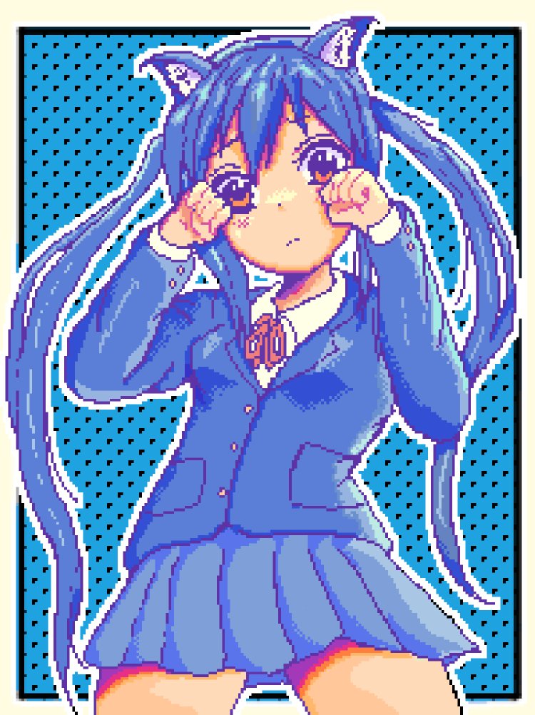 nakano azusa, k-on!, 1girl, black hair, brown eyes, looking at viewer, nenduu, pixel art, sakuragaoka high school uniform, school uniform, solo