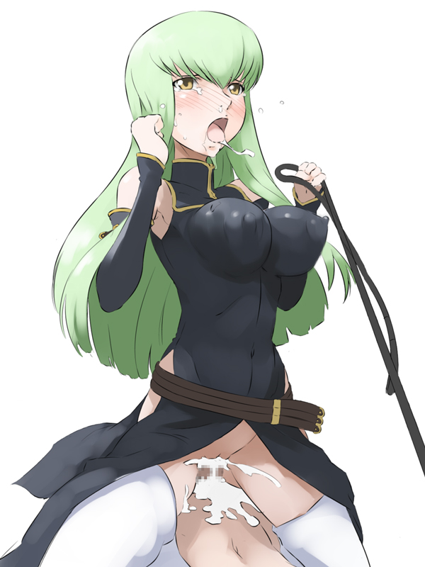 c.c., code geass, 00s, 1girl, blush, breasts, censored, covered erect nipples, cowgirl position, cum, cum in pussy, detached sleeves, girl on top, green hair, large breasts, no panties, penis, saliva, sex, solo focus, straddling, tears, thighhighs, vaginal