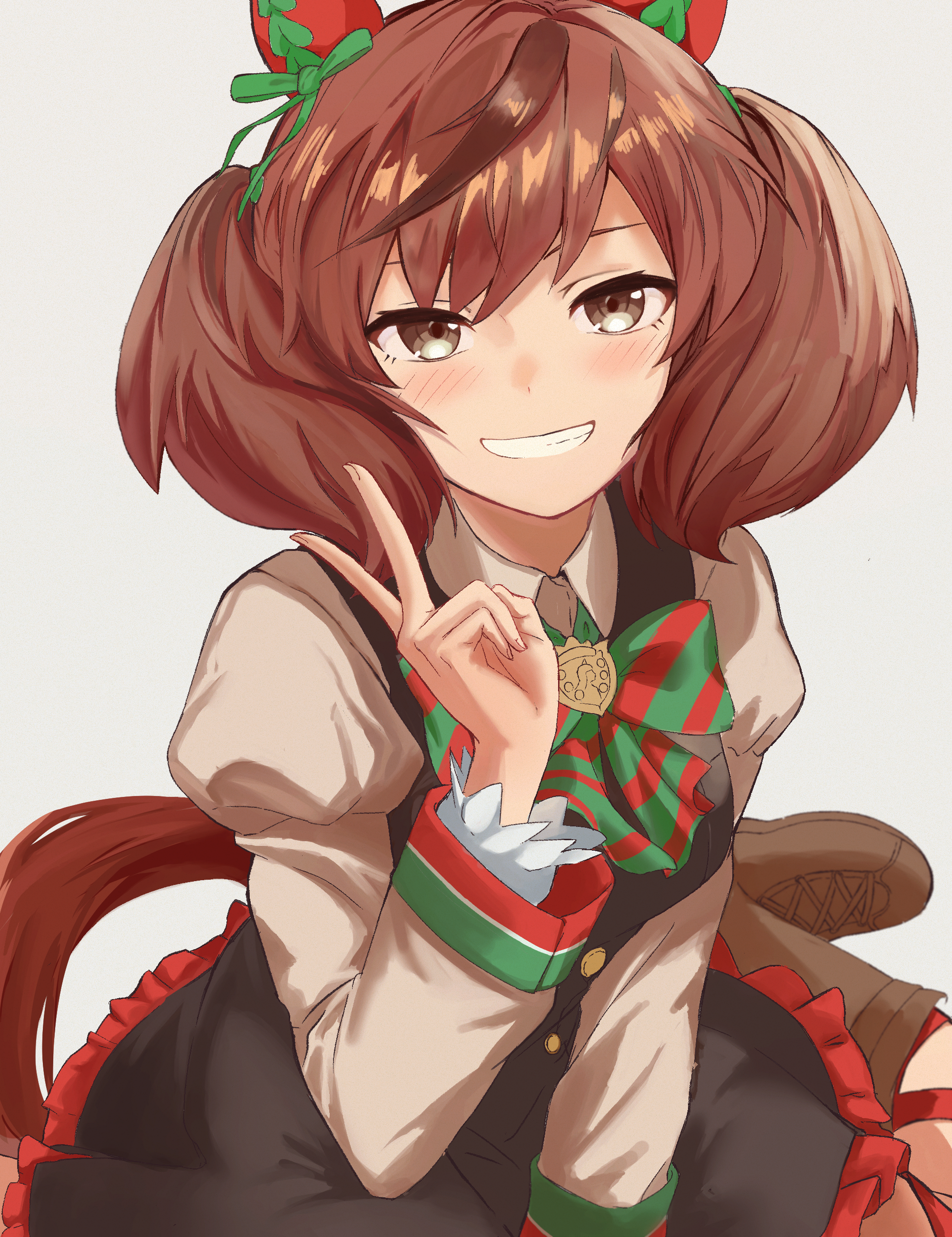 noritama 0410, nice nature (umamusume), umamusume, absurdres, commentary, highres, 1girl, animal ears, bow, brown eyes, brown hair, dress, ear covers, grey background, grin, horse ears, horse girl, horse tail, long sleeves, looking at viewer, multicolored hair, pinafore dress, simple background, sleeveless, sleeveless dress, smile, solo, streaked hair, striped bow, tail, twintails, v