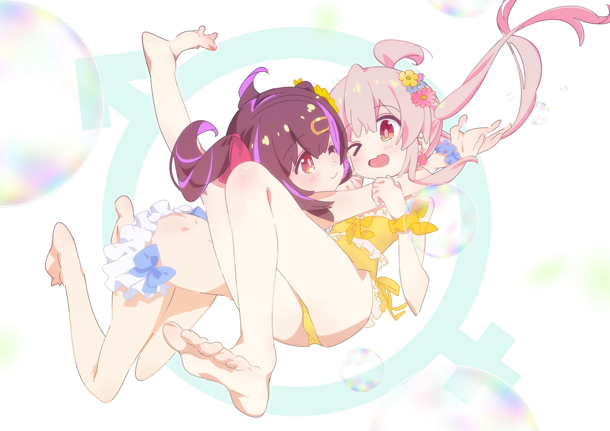 peachpoison00, oyama mahiro, oyama mihari, onii-chan wa oshimai!, commentary, highres, > o, 2girls, ;o, ahoge, bare legs, barefoot, black hair, brown eyes, earrings, feet, flower, flower earrings, full body, hair flower, hair ornament, hair ribbon, hairclip, hug, jewelry, long hair, male-female symbol, multiple girls, one eye closed, open mouth, pink hair, purple hair, red ribbon, ribbon, scrunchie, shochuumimai, siblings, simple background, sisters, smile, toes, twintails, white background, wrist scrunchie