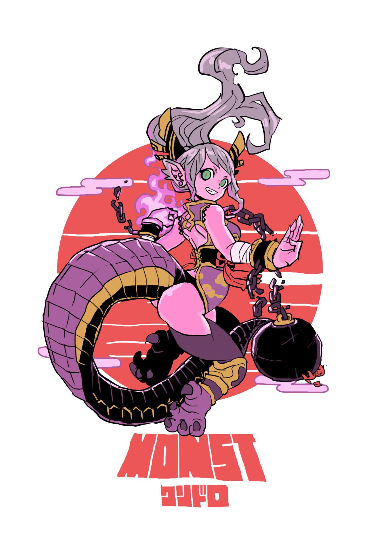 takeuchi ryousuke, monster strike, highres, 1girl, bandages, broken handcuffs, circle, claws, corset, fire, floating hair, full body, green eyes, horns, ponytail, purple hair, sidelocks, sleeveless, smile, tail, yulong (monster strike)