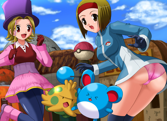 pokemoa, ace trainer (female) (pokemon colosseum), ace trainer (pokemon), marill, shroomish, street performer (pokemon), nintendo, pokemon, pokemon colosseum, 00s, ass, breasts, gen 2 pokemon, gen 3 pokemon, gloves, hat, headband, leggings, npc trainer, panties, pantyshot, pokemon (creature), skirt, underwear