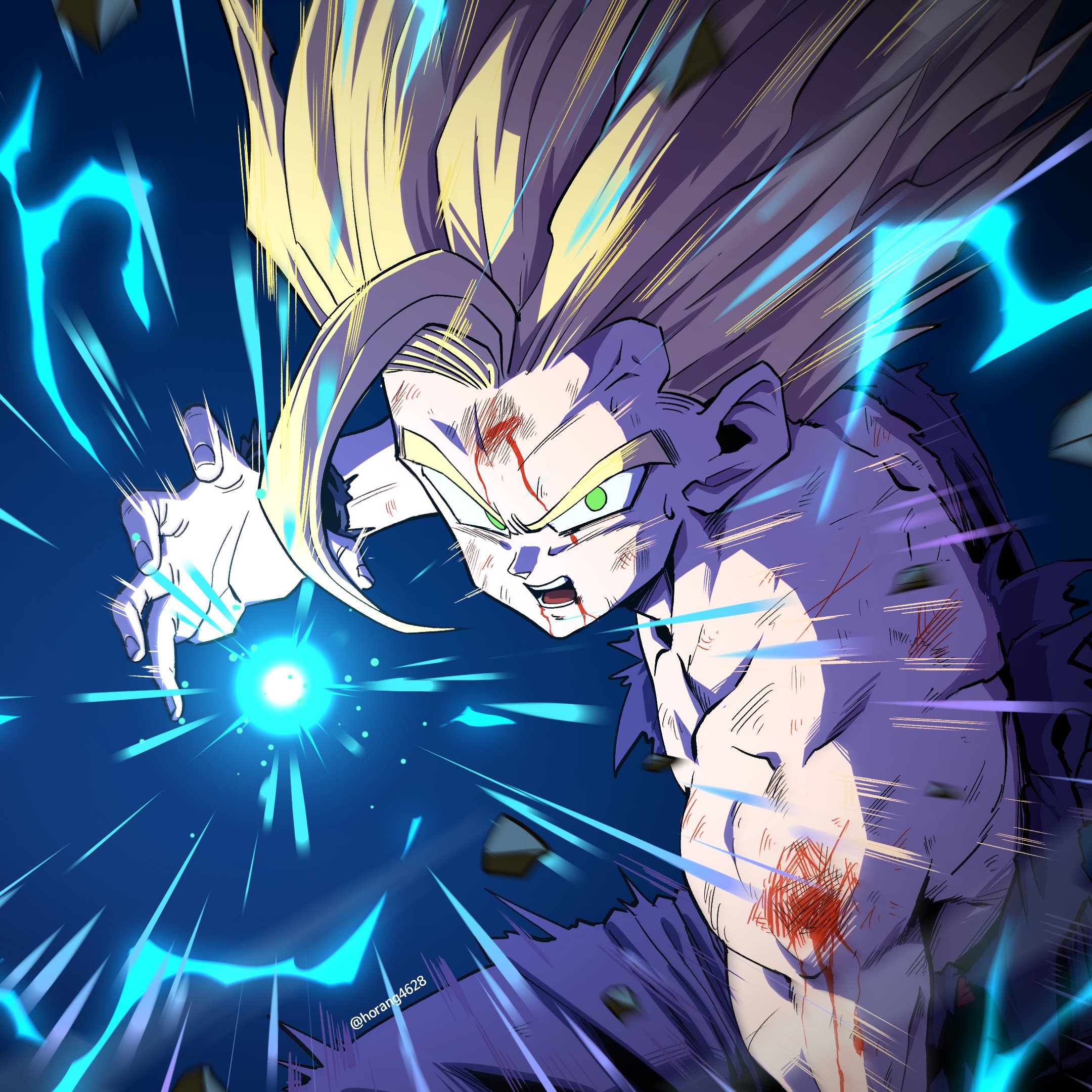 horang4628, son gohan, dragon ball, dragonball z, highres, 1boy, blonde hair, cowboy shot, energy ball, green eyes, limp wrist, male focus, medium hair, pants, powering up, purple pants, purple shirt, shirt, solo, spiked hair, super saiyan, super saiyan 2, torn clothes, torn shirt