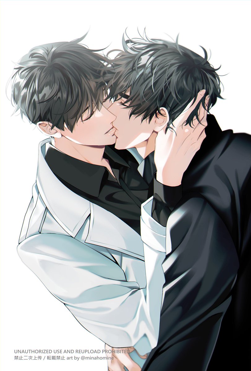 minataka94, kim dokja, yoo joonghyuk, omniscient reader's viewpoint, highres, 2boys, black hair, black shirt, closed eyes, closed mouth, coat, collared shirt, eyelashes, fingernails, french kiss, hug, kiss, lips, long sleeves, male focus, multiple boys, shirt, short hair, simple background, white background, white coat, yaoi