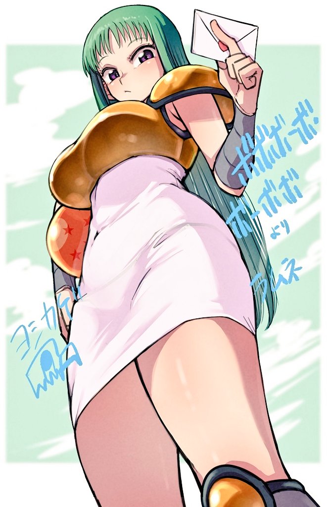 yoshikage (yo4kage), bobobo-bo bo-bobo, 1girl, armor, bracer, breastplate, breasts, dragon ball (object), dress, envelope, eyelashes, from below, green hair, holding, holding dragon ball, holding envelope, knee armor, large breasts, long hair, looking at viewer, looking down, purple eyes, ramune (bobobo-bo bo-bobo), shoulder armor, signature, solo, straight hair, tareme, tight clothes, tight dress, white dress