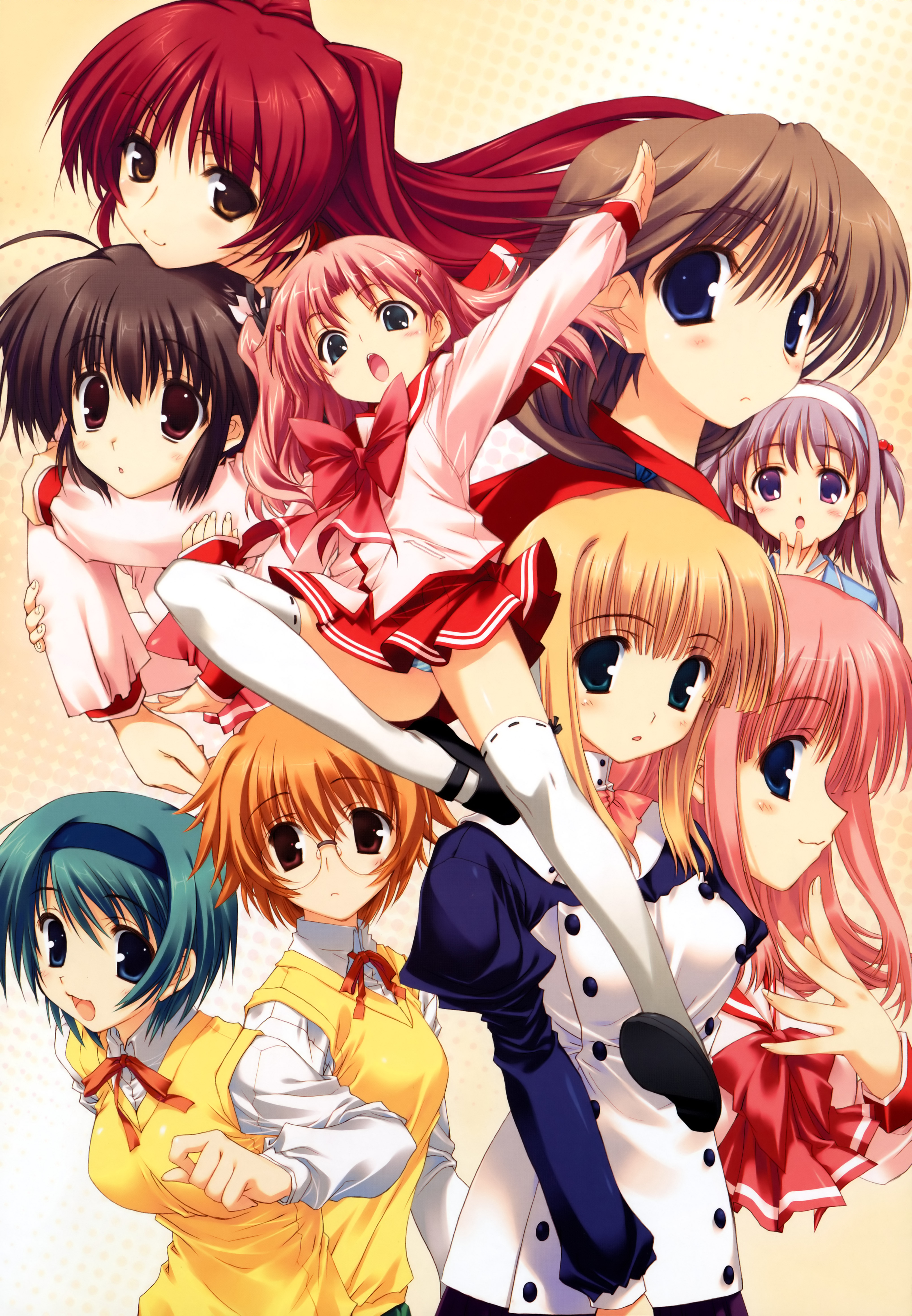 amazuyu tatsuki, kawata hisashi, mitsumi misato, komaki ikuno, kouno harumi (to heart), kousaka tamaki, maaryan (to heart), milfa (to heart), nanako (to heart 2), silfa (to heart), yamada michiru, yoshioka chie, yuzuhara konomi, to heart (series), to heart 2, to heart 2 ad, absurdres, highres, 00s, 6+girls, blonde hair, everyone, multiple girls, panties, school uniform, serafuku, thighhighs, underwear