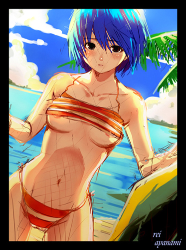ayanami rei, neon genesis evangelion, lowres, 1girl, beach, bikini, blue hair, breasts, day, female focus, medium breasts, nipple slip, nipples, ocean, orange bikini, outdoors, red eyes, short hair, solo, striped bikini, striped clothes, swimsuit, underboob