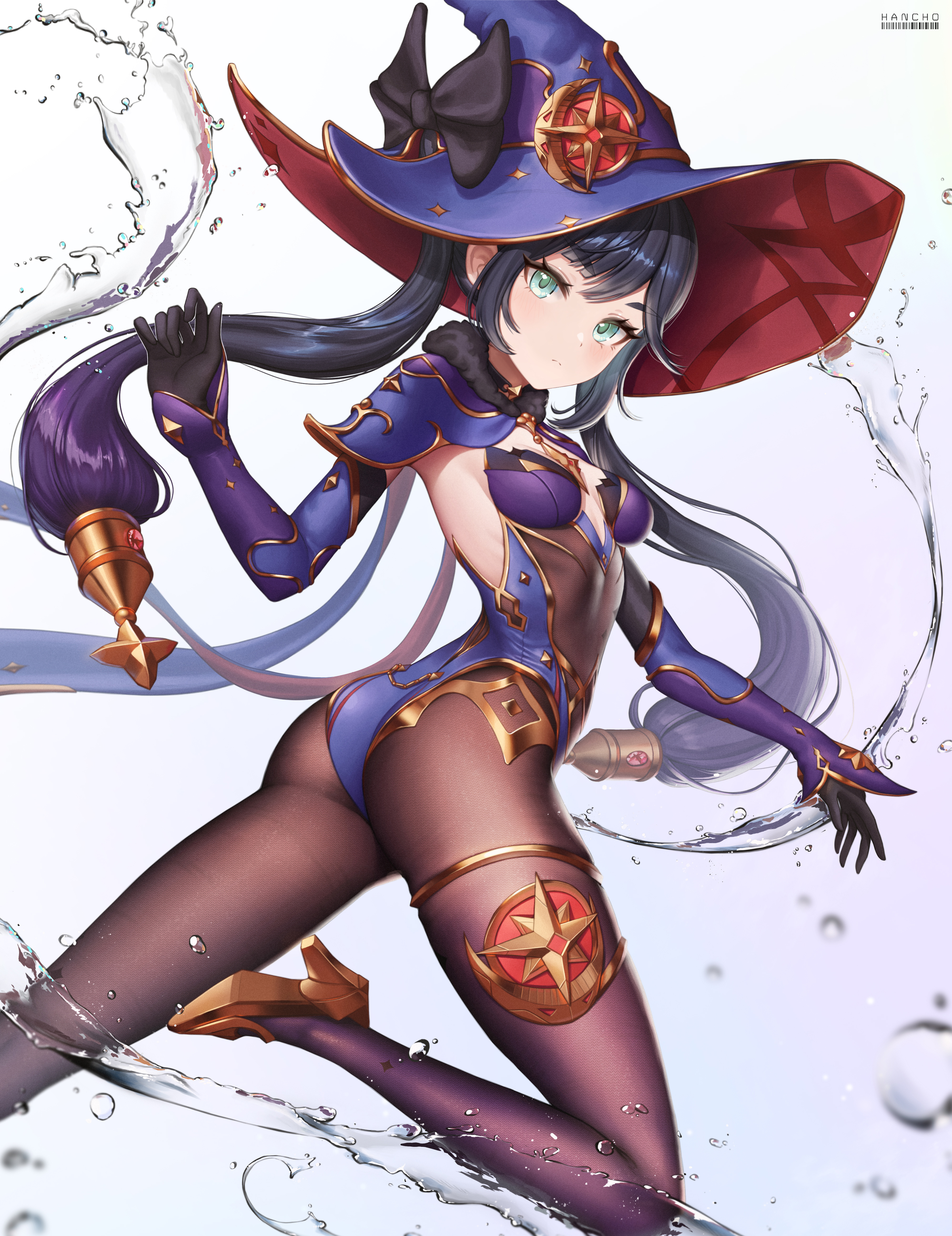 hancho, mona (genshin impact), genshin impact, absurdres, commentary, highres, revision, 1girl, ass, black gloves, black hair, black pantyhose, bodystocking, breasts, detached sleeves, gloves, green eyes, hair ornament, hat, jewelry, leotard, long hair, looking at viewer, medium breasts, pantyhose, purple hair, purple leotard, solo, star (symbol), twintails, witch hat