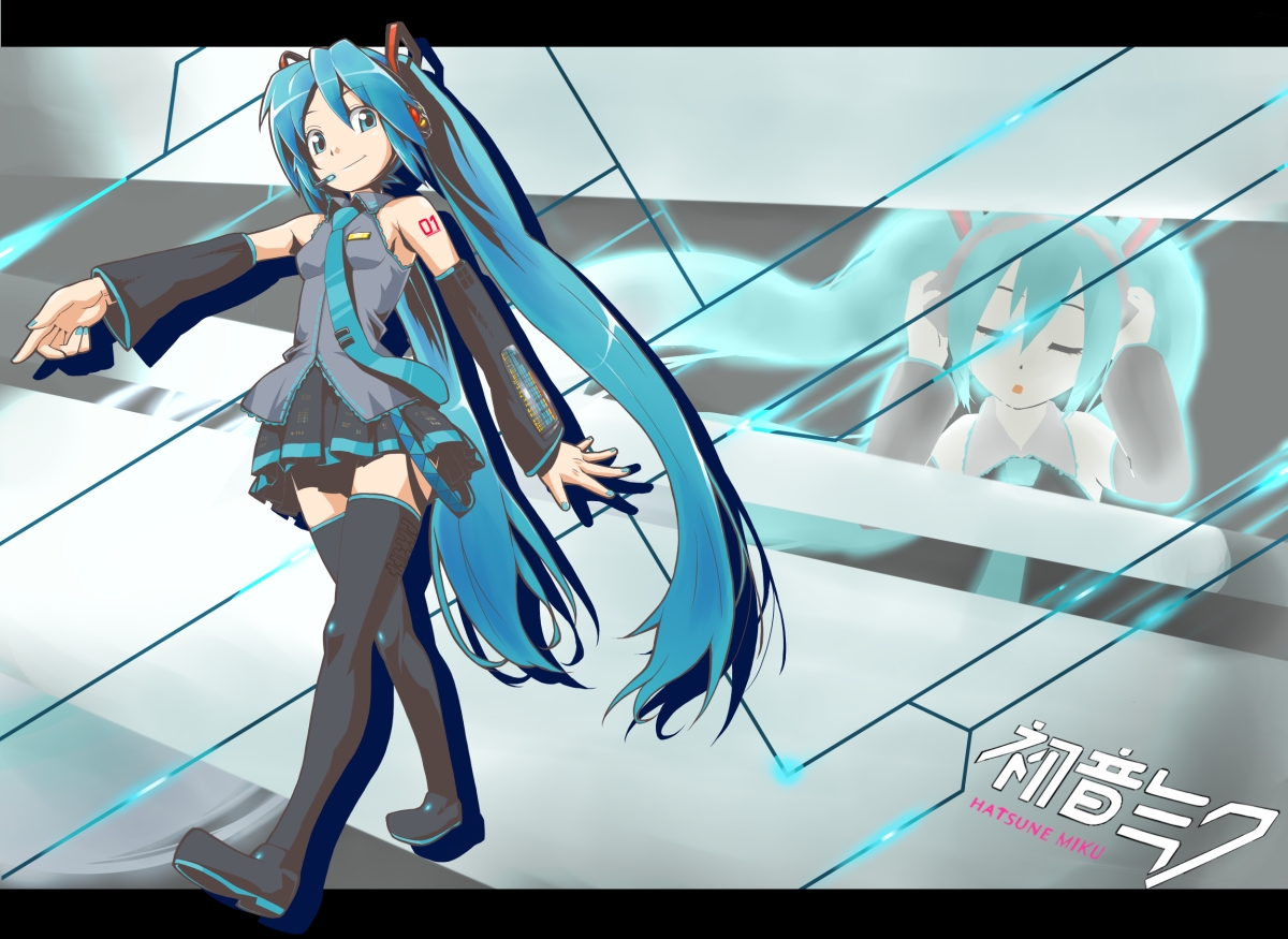 hatsune miku, vocaloid, 1girl, aqua hair, aqua nails, detached sleeves, letterboxed, long hair, nail polish, necktie, smile, thighhighs, twintails, walking