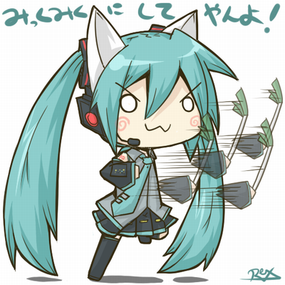 reku, hachune miku, hatsune miku, miku miku ni shite ageru (vocaloid), vocaloid, lowres, 1girl, :3, animal ears, aqua hair, chibi, female focus, punching, solo, thighhighs, twintails