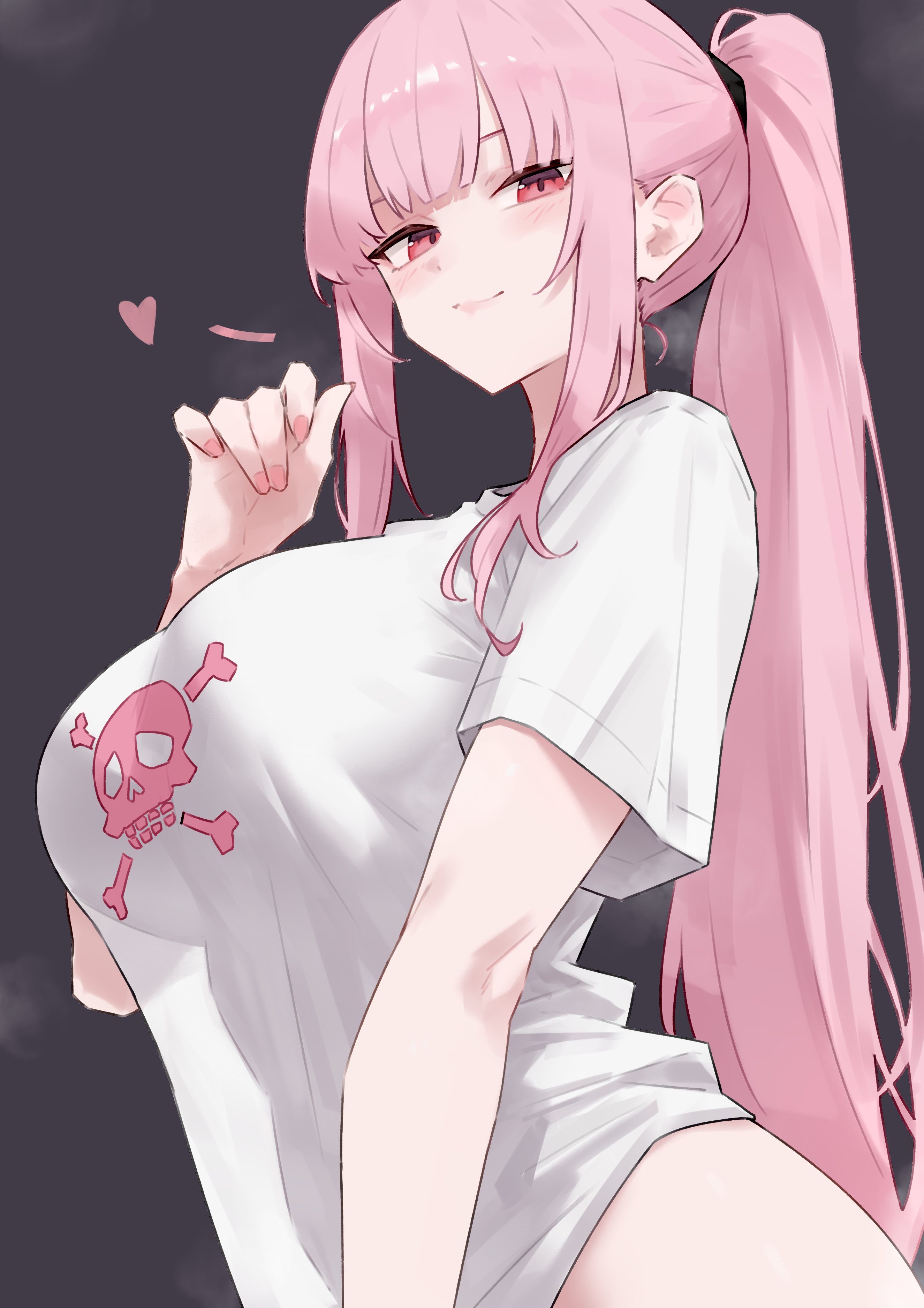 bluefield, mori calliope, hololive, hololive english, absurdres, highres, 1girl, blunt bangs, breasts, closed mouth, grey background, hand up, heart, large breasts, long hair, looking at viewer, nail polish, naked shirt, pink eyes, pink hair, pink nails, ponytail, print shirt, see-through silhouette, shirt, sidelocks, simple background, skull and crossbones, smile, solo, t-shirt, upper body, very long hair, virtual youtuber, white shirt