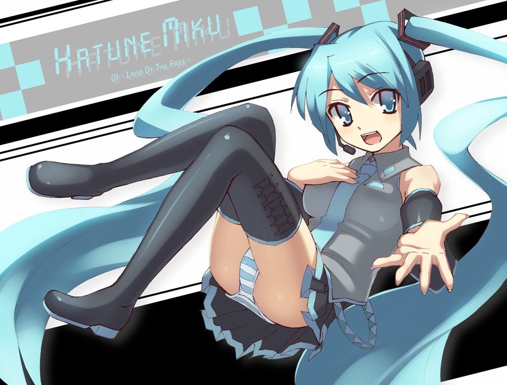 oryo (oryo04), hatsune miku, vocaloid, bad id, bad pixiv id, blue eyes, blue hair, headset, long hair, miniskirt, panties, skirt, solo, striped clothes, striped panties, thighhighs, twintails, underwear, very long hair, zettai ryouiki