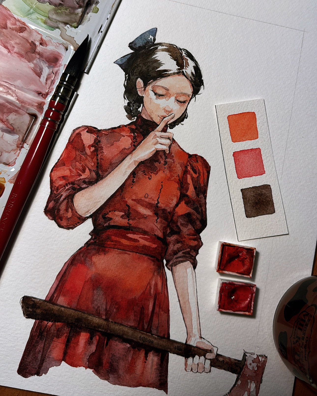 y4 ran se ti, highres, painting (medium), traditional media, watercolor (medium), 1girl, axe, black eyes, black hair, blood, blood on clothes, brown hair, dress, holding, holding axe, pearl (movie), red dress, solo