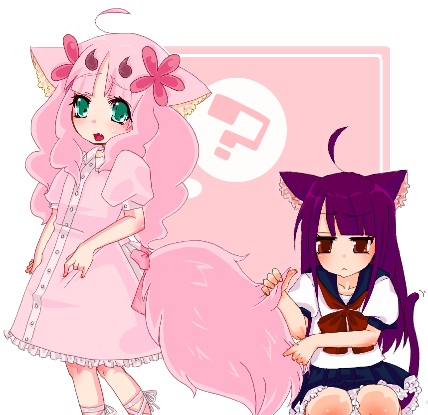 komiya hitoma, nekomiyasan, original, bad id, bad pixiv id, ?, ahoge, animal ears, aqua eyes, cat ears, cat tail, dress, fang, pink background, pink hair, pink theme, purple hair, red eyes, school uniform, serafuku, sweatdrop, tail