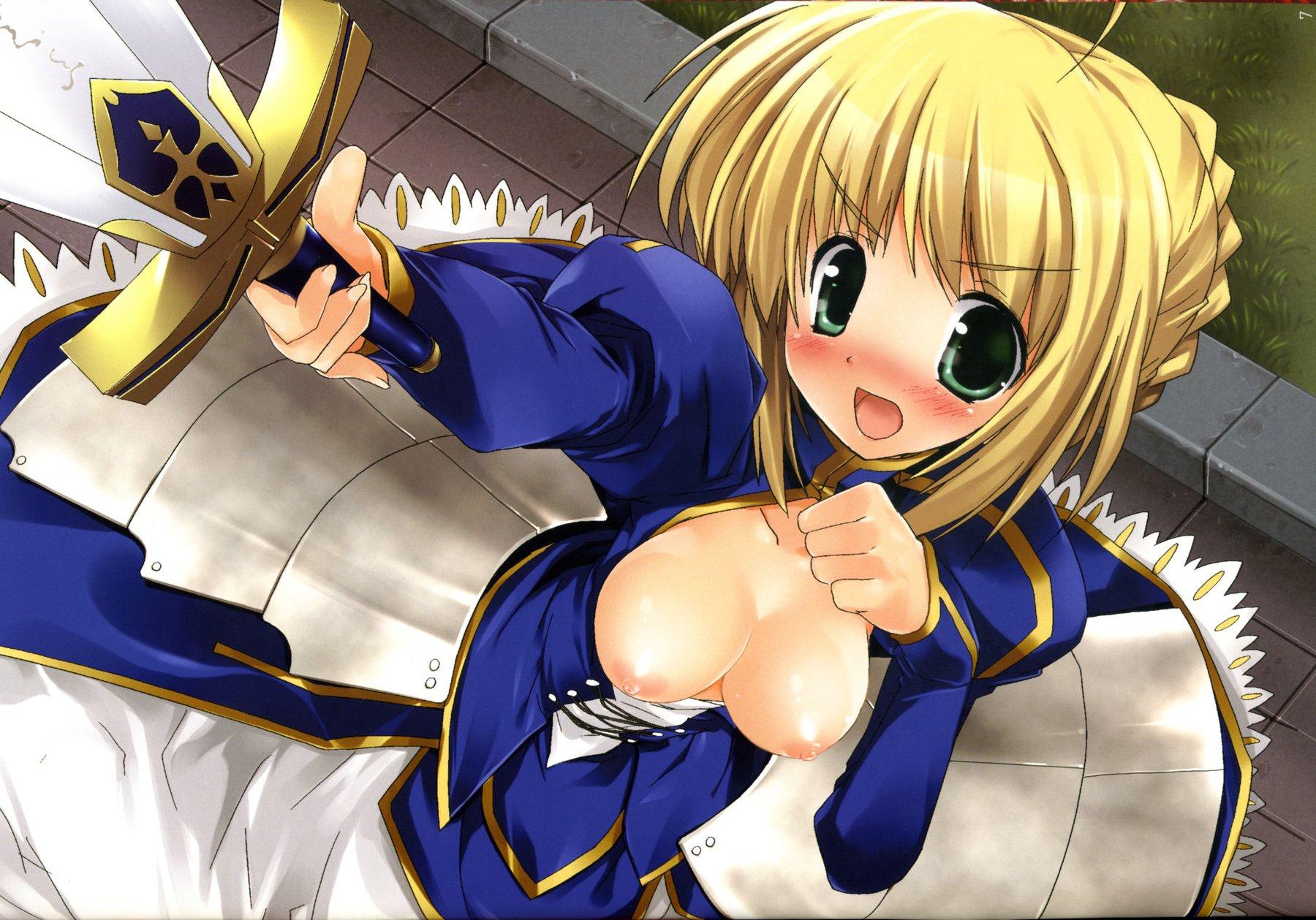 splush wave, artoria pendragon (fate), saber (fate), fate/stay night, fate (series), highres, 00s, 1girl, :o, ahoge, armor, blonde hair, blush, breasts, breasts out, dress, dutch angle, embarrassed, excalibur (fate/stay night), female focus, fighting stance, from above, grass, green eyes, hair bun, nipples, no bra, open clothes, open mouth, open shirt, ribbon, shirt, short hair, single hair bun, solo, sword, turtleneck, weapon