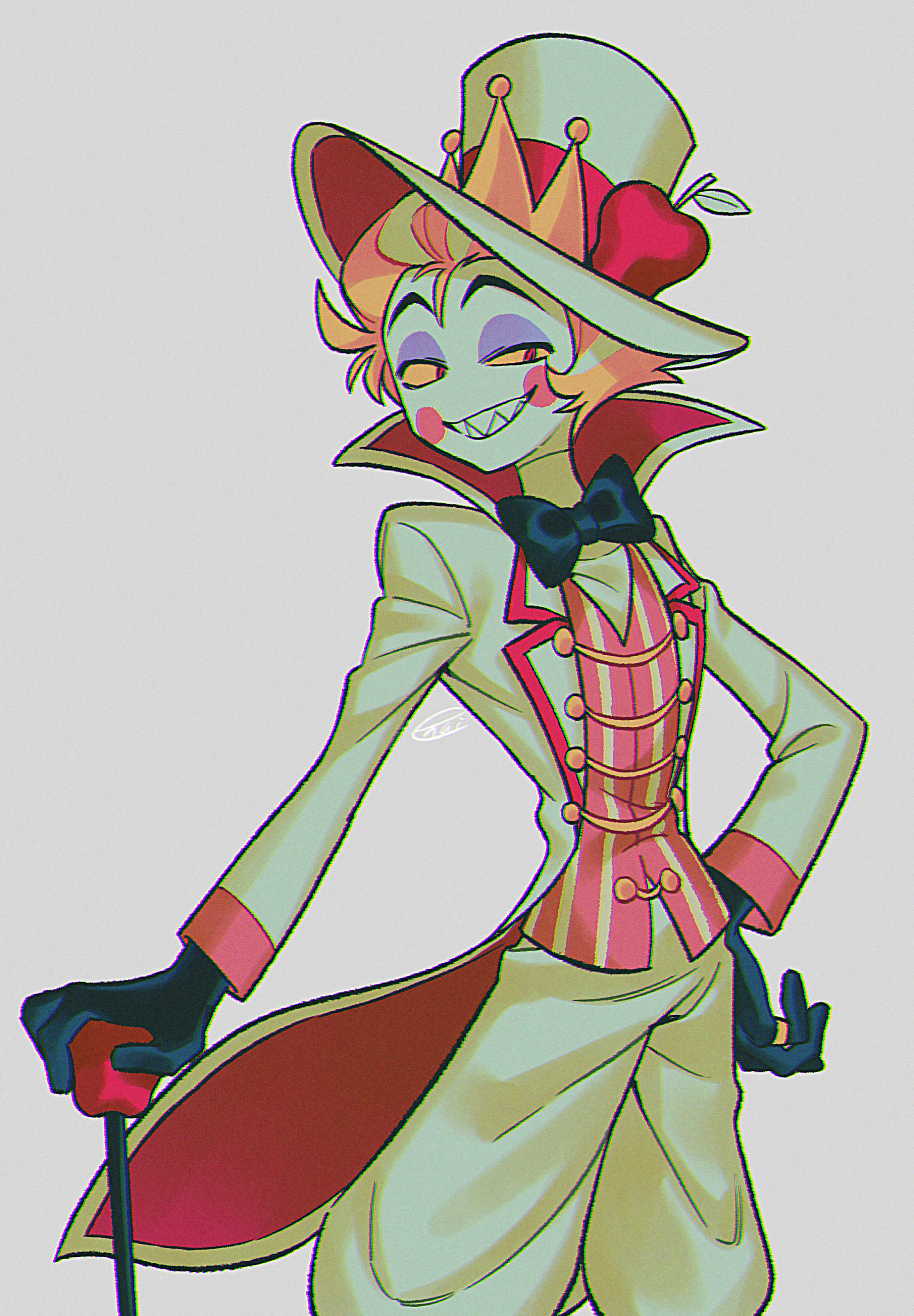 menma (enaic31), lucifer morningstar (hazbin hotel), hazbin hotel, hellaverse, absurdres, commentary request, highres, 1boy, :d, apple, black bow, black bowtie, black gloves, blonde hair, bow, bowtie, chromatic aberration, circle facial mark, coat, colored sclera, colored skin, cowboy shot, eyeshadow, fewer digits, film grain, food, fruit, gloves, grey background, grin, hair between eyes, hair slicked back, half-closed eyes, hand on own hip, hat, holding, holding staff, lapels, looking at viewer, makeup, male focus, notched lapels, open clothes, open coat, open mouth, outstretched arm, pants, puffy pants, purple eyeshadow, raised eyebrows, red coat, red eyes, red shirt, red trim, sharp teeth, shirt, short hair, signature, simple background, smile, solo, staff, standing, striped clothes, striped vest, teeth, top hat, traditional bowtie, two-sided coat, two-sided fabric, two-tone vest, vertical-striped clothes, vertical-striped vest, vest, white coat, white hat, white pants, white shirt, white skin, white vest, yellow sclera