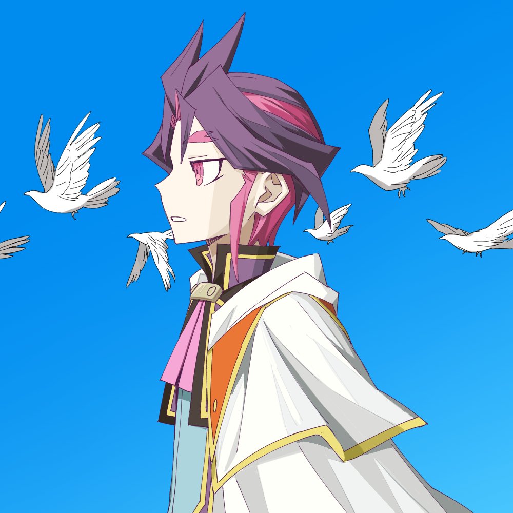 joeri (yu-gi-oh!), yu-gi-oh!, yu-gi-oh! arc-v, 1boy, bird, blue background, coat, dove, from side, hood, hooded coat, loy-498, male focus, profile, purple eyes, purple hair, short hair, simple background, solo, white coat