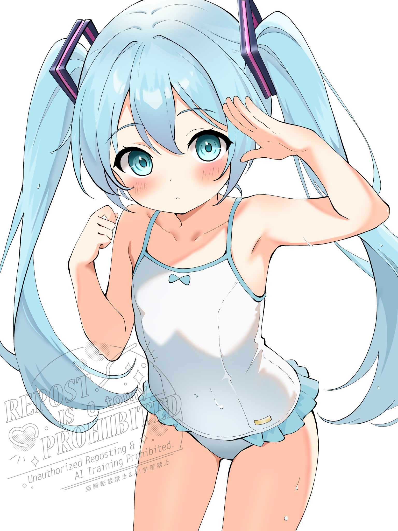 oekakishizuku, hatsune miku, vocaloid, highres, 1girl, :t, aged down, bare arms, bare shoulders, blue eyes, blue hair, blush, collarbone, covered navel, cowboy shot, flat chest, hair between eyes, long hair, looking at viewer, one-piece swimsuit, petite, simple background, solo, swimsuit, thighs, twintails, very long hair, white background