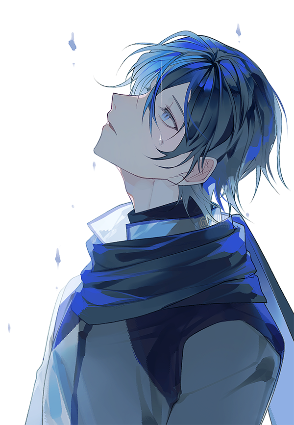 bibinggwas2, kaito (vocaloid), vocaloid, 1boy, blue eyes, blue hair, blue scarf, jacket, looking up, male focus, parted lips, rain, scarf, short hair, simple background, solo, white background, white jacket