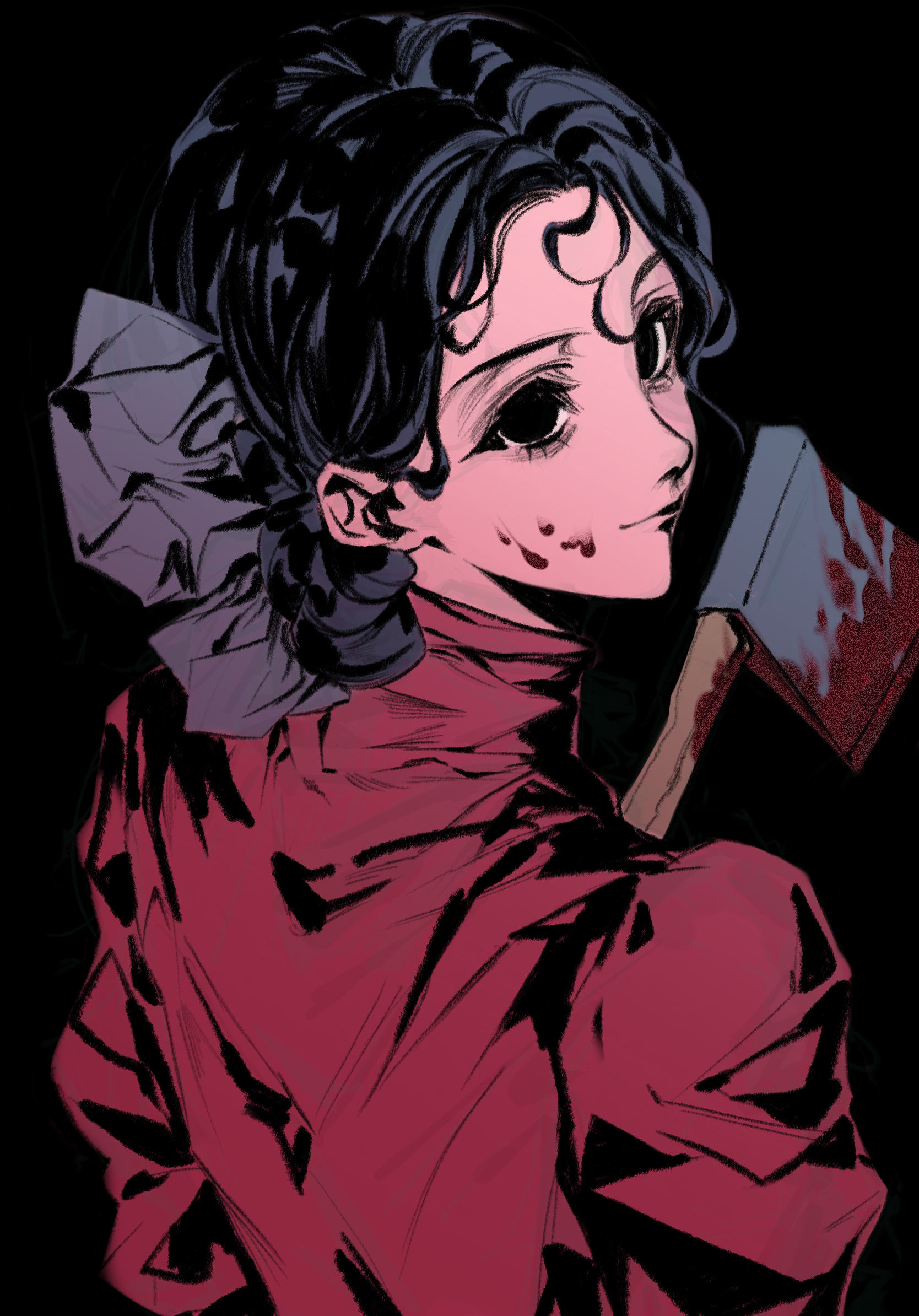 baizecha316, highres, 1girl, axe, black hair, blood, bloody weapon, blue ribbon, dress, empty eyes, hair ribbon, holding, holding axe, looking at viewer, pearl (movie), red dress, ribbon, solo, weapon