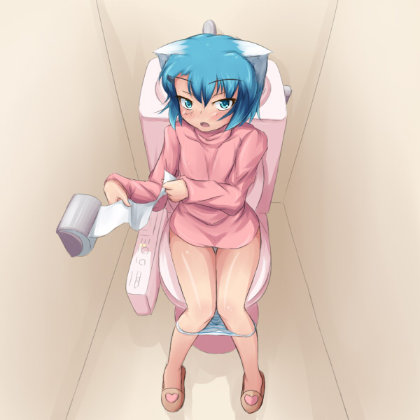 ast exception, fuyutsuki asuto, yukina (fuyutsuki asuto), original, 1girl, animal ears, blue eyes, blue hair, cat ears, female focus, looking at viewer, matching hair/eyes, panties, panty pull, slippers, solo, striped clothes, striped panties, sweater, toilet, toilet paper, toilet use, underwear
