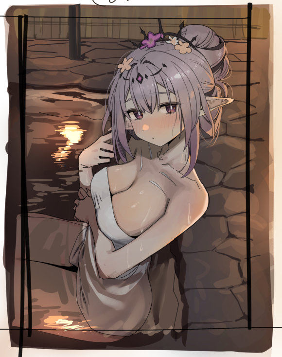 syhan, castorice (honkai: star rail), honkai: star rail, honkai (series), 1girl, bare shoulders, blush, breasts, cleavage, collarbone, hair bun, large breasts, looking at viewer, naked towel, onsen, partially submerged, pointy ears, purple eyes, purple hair, single hair bun, sitting, solo, stone floor, tiara, towel, water