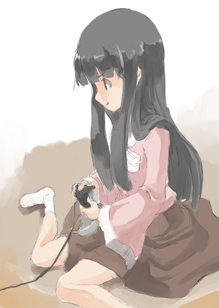 yohane, houraisan kaguya, touhou, 1girl, black hair, brown eyes, female focus, long hair, playing games, sitting, solo, tongue, tongue out, very long hair, video game, wariza