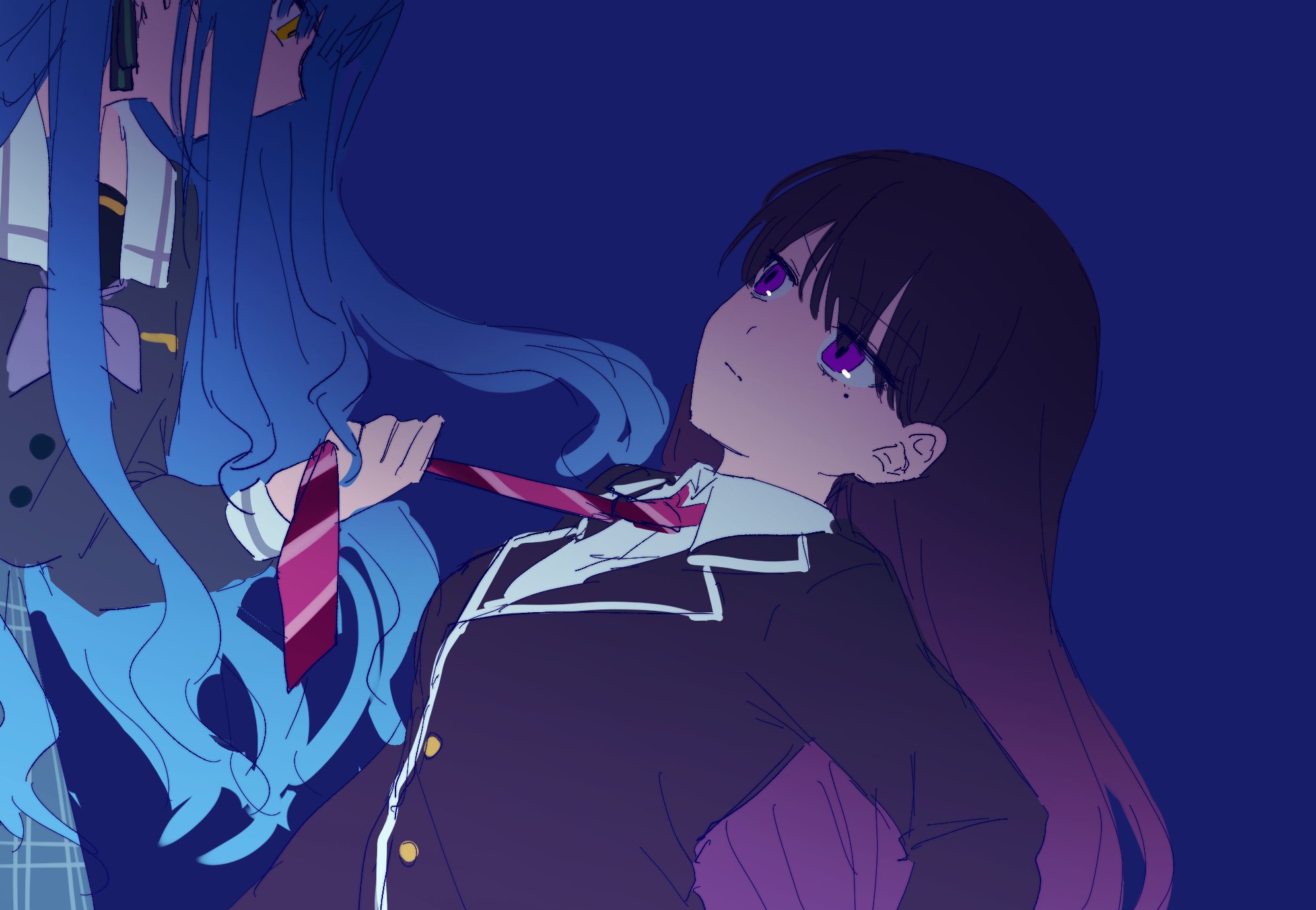 shiina taki, togawa sakiko, bang dream!, bang dream! it's mygo!!!!!, commentary, highres, symbol-only commentary, 2girls, birthday1730225, black hair, black jacket, blue background, blue hair, blue shirt, blue skirt, closed mouth, clothes grab, diagonal-striped clothes, diagonal-striped necktie, haneoka school uniform, jacket, long hair, mole, mole under eye, multiple girls, necktie, necktie grab, neckwear grab, plaid clothes, plaid skirt, purple eyes, purple necktie, school uniform, shirt, sidelocks, simple background, skirt, striped clothes, tsukinomori school uniform, yellow eyes, yuri