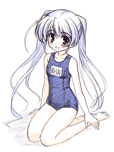 masakichi (crossroad), tougi shiro, fortune arterial, 1girl, female focus, kneeling, name tag, one-piece swimsuit, school swimsuit, solo, swimsuit