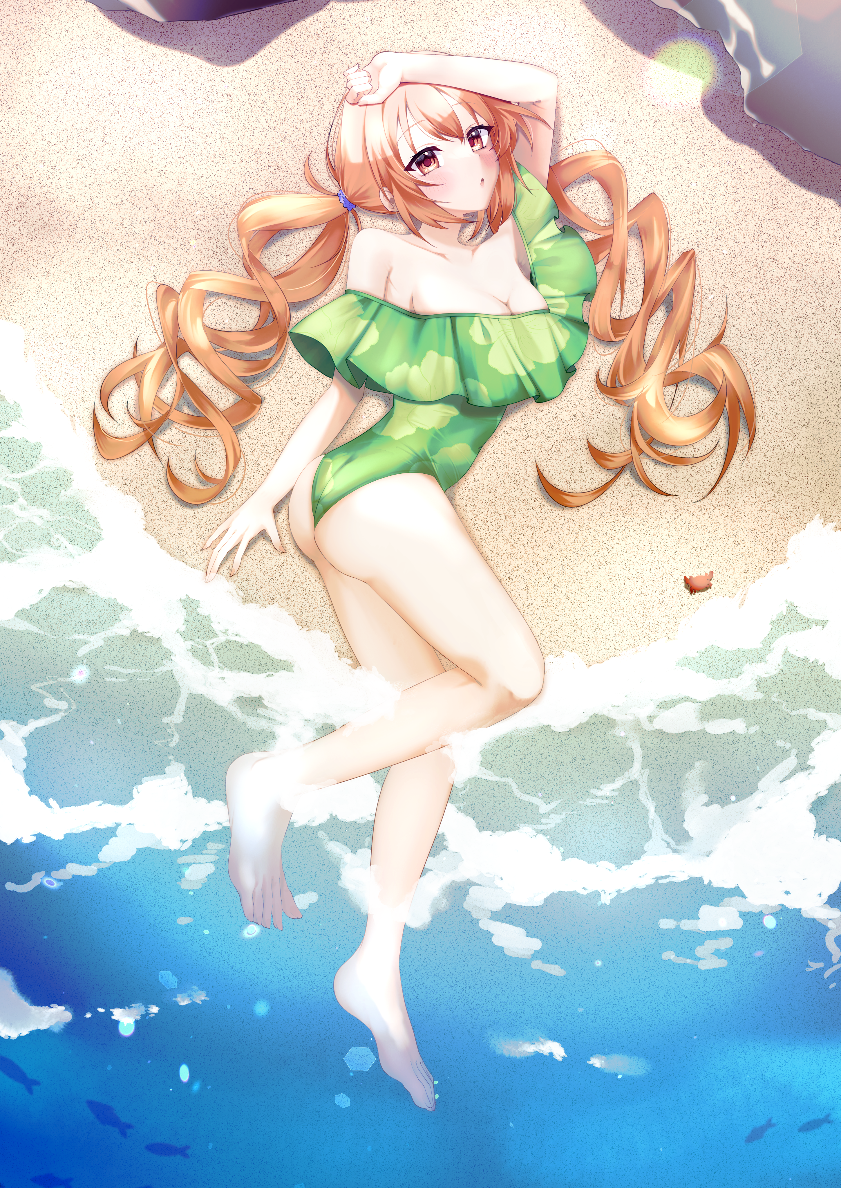 tyama taka, inaba meguru, sanoba witch, absurdres, highres, 1girl, alternate costume, alternate hairstyle, arm up, ass, bare legs, bare shoulders, barefoot, beach, blue scrunchie, blush, breasts, casual one-piece swimsuit, chestnut mouth, cleavage, collarbone, day, eyelashes, fish, floral print, floral print one-piece swimsuit, from above, full body, green one-piece swimsuit, hair between eyes, hair ornament, hair scrunchie, hair spread out, long hair, looking at viewer, lying, medium breasts, ocean, off-shoulder one-piece swimsuit, off shoulder, on side, one-piece swimsuit, open mouth, outdoors, print swimsuit, quad tails, red eyes, scrunchie, soaking feet, solo, swimsuit, thighs, toes, very long hair, water, wavy hair