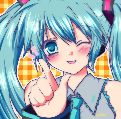 tsuyuri (artist), hatsune miku, vocaloid, eyebrows, lowres, 1girl, ;d, ^^^, aqua hair, blush, collared shirt, detached sleeves, female focus, grey shirt, hair ornament, headphones, index finger raised, long hair, looking at viewer, necktie, one eye closed, open mouth, plaid background, shirt, smile, solo, twintails, upper body