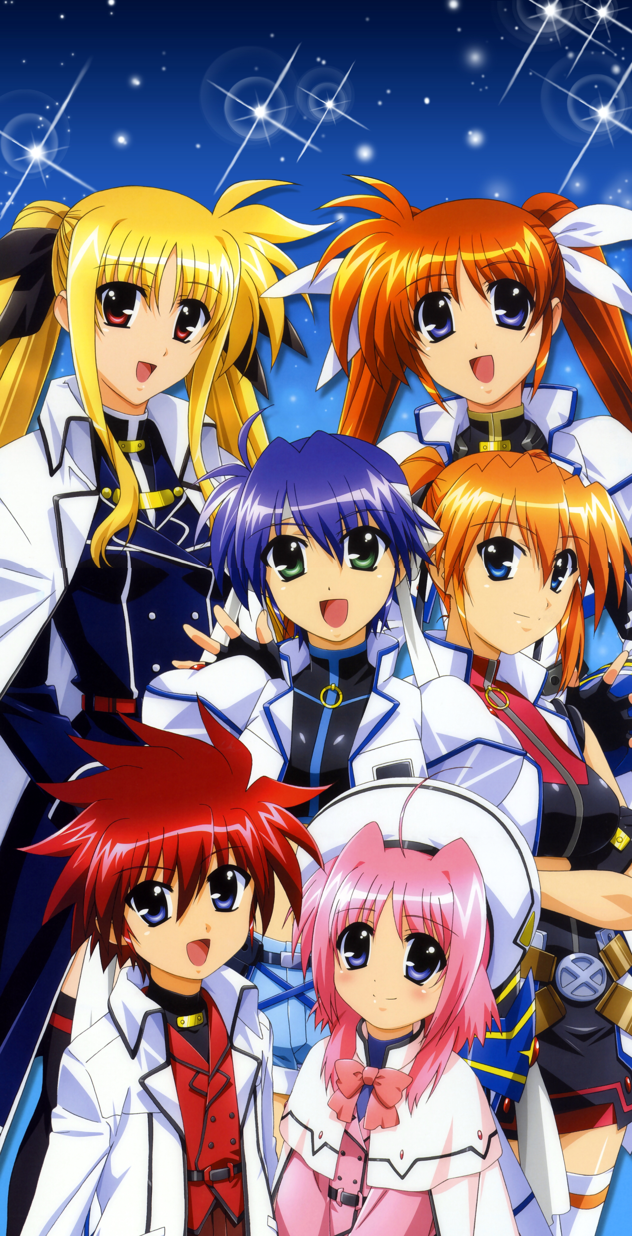 caro ru lushe, erio mondial, fate testarossa, subaru nakajima, takamachi nanoha, teana lanster, lyrical nanoha, mahou shoujo lyrical nanoha, mahou shoujo lyrical nanoha strikers, absurdres, highres, 00s, 1boy, 5girls, blonde hair, blue eyes, bow, brown hair, green eyes, hair ribbon, hat, headband, long hair, magical boy, miniskirt, multiple girls, pink bow, pink hair, purple eyes, purple hair, red eyes, red hair, ribbon, skirt, thighhighs, twintails, zettai ryouiki