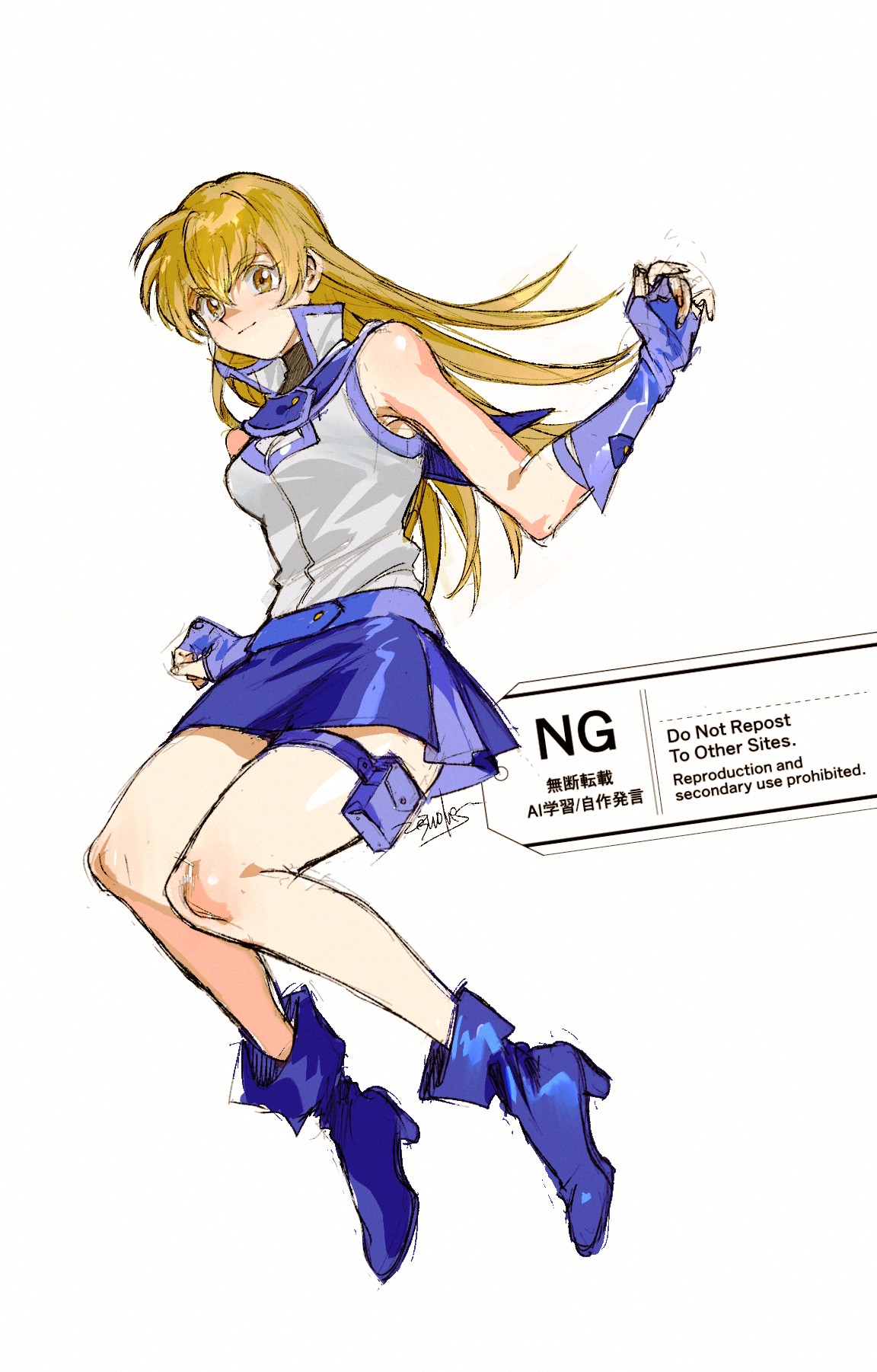 203wolves, tenjouin asuka, yu-gi-oh!, yu-gi-oh! gx, highres, 1girl, bare shoulders, blue boots, blue gloves, blue skirt, boots, breasts, brown eyes, brown hair, duel academy uniform (yu-gi-oh! gx), fingerless gloves, gloves, high heel boots, high heels, large breasts, long hair, simple background, skirt, solo, vest, white background, white vest