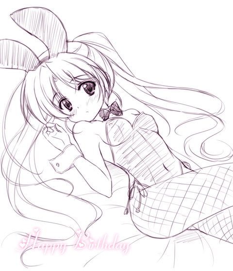 masakichi (crossroad), tougi shiro, fortune arterial, 1girl, animal ears, fake animal ears, female focus, fishnet pantyhose, fishnets, leotard, lying, monochrome, pantyhose, playboy bunny, purple theme, rabbit ears, sketch, solo, twintails