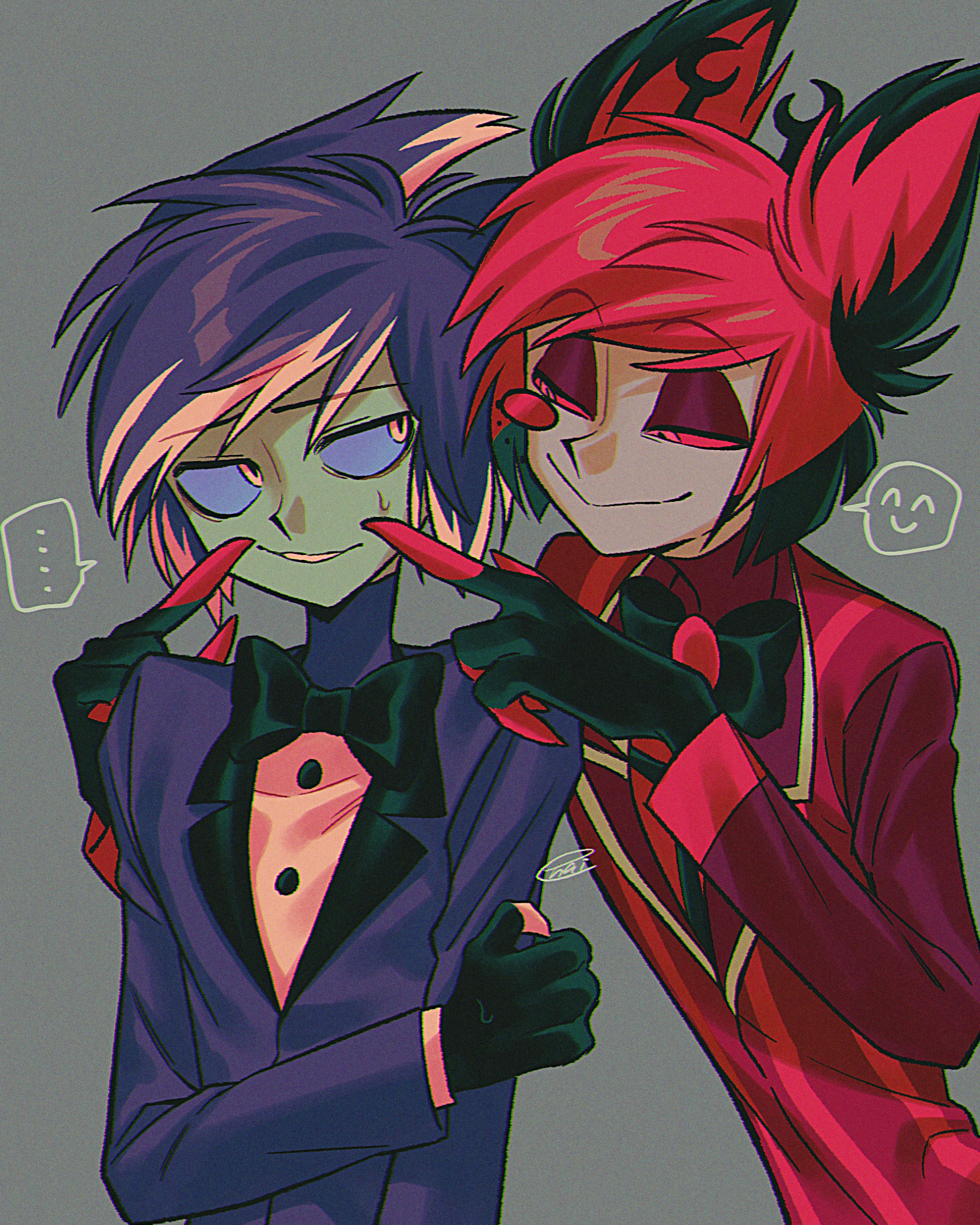 menma (enaic31), alastor (hazbin hotel), hazbin hotel, hellaverse, commentary request, highres, …, 2boys, :d, animal ears, antlers, bags under eyes, black bow, black bowtie, black hair, blonde hair, bob cut, bow, bowtie, chromatic aberration, closed mouth, colored sclera, colored teeth, colored tips, deer antlers, deer ears, dual persona, eyeshadow, fewer digits, film grain, grey background, grin, hair between eyes, half-closed eyes, hand on own arm, hands on another's cheeks, hands on another's face, hands up, horns, jacket, lapels, layered sleeves, long sleeves, makeup, male focus, monocle, multicolored hair, multiple boys, notched lapels, open mouth, purple hair, purple jacket, purple sclera, red eyes, red eyeshadow, red hair, red jacket, red sclera, red shirt, shirt, short hair, signature, simple background, smile, spoken ellipsis, spoken expression, striped clothes, striped jacket, sweat, swept bangs, traditional bowtie, two-tone hair, upper body, vertical-striped clothes, vertical-striped jacket, white shirt, yellow eyes, yellow teeth