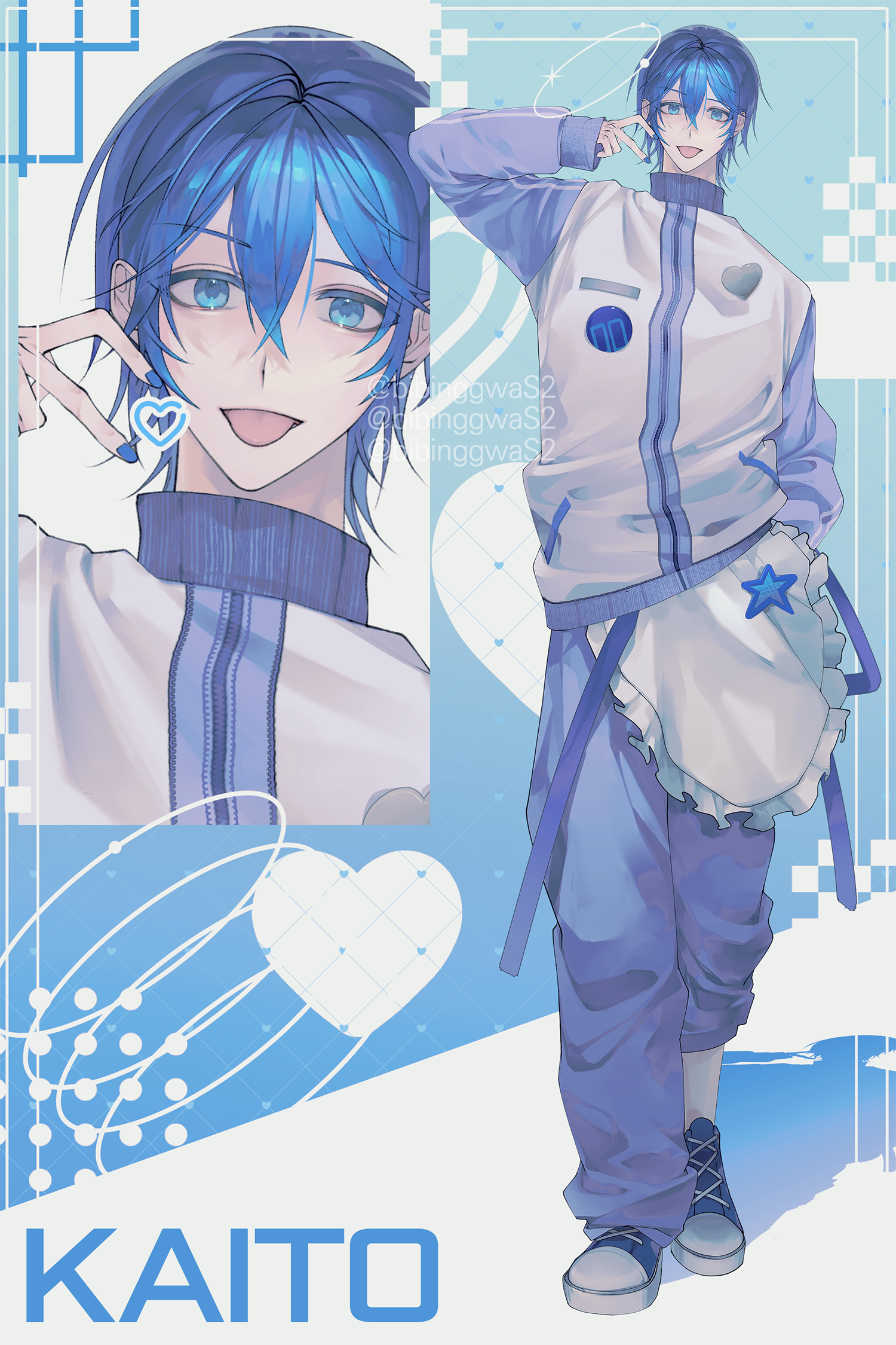 bibinggwas2, kaito (vocaloid), vocaloid, highres, 1boy, :p, apron, asymmetrical legwear, badge, blue eyes, blue hair, blue nails, blue pants, blue shoes, blue sleeves, button badge, buttons, character name, frilled apron, frills, full body, hair between eyes, half-heart hands, hand in pocket, heart, heart button, jacket, jersey maid, looking at viewer, maid, male focus, multicolored jacket, pants, projected inset, shoes, short hair, sleeves past wrists, sneakers, solo, standing, star button, tenshi kaiwai, tongue, tongue out, track suit, two-tone jacket, unconventional maid, uneven legwear, white apron, white jacket