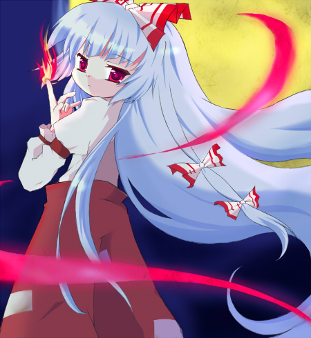 tsuyuri (artist), fujiwara no mokou, touhou, lowres, 1girl, blue hair, bow, female focus, fire, from behind, hair bow, long hair, looking back, multiple hair bows, pink eyes, solo, very long hair
