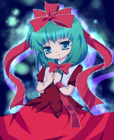 tsuyuri (artist), kagiyama hina, touhou, 1girl, bow, bowtie, cowboy shot, dress, female focus, frills, front ponytail, green eyes, green hair, hair bow, looking at viewer, matching hair/eyes, own hands together, puffy short sleeves, puffy sleeves, red bow, red bowtie, red dress, shawl, short sleeves, solo, wrist cuffs
