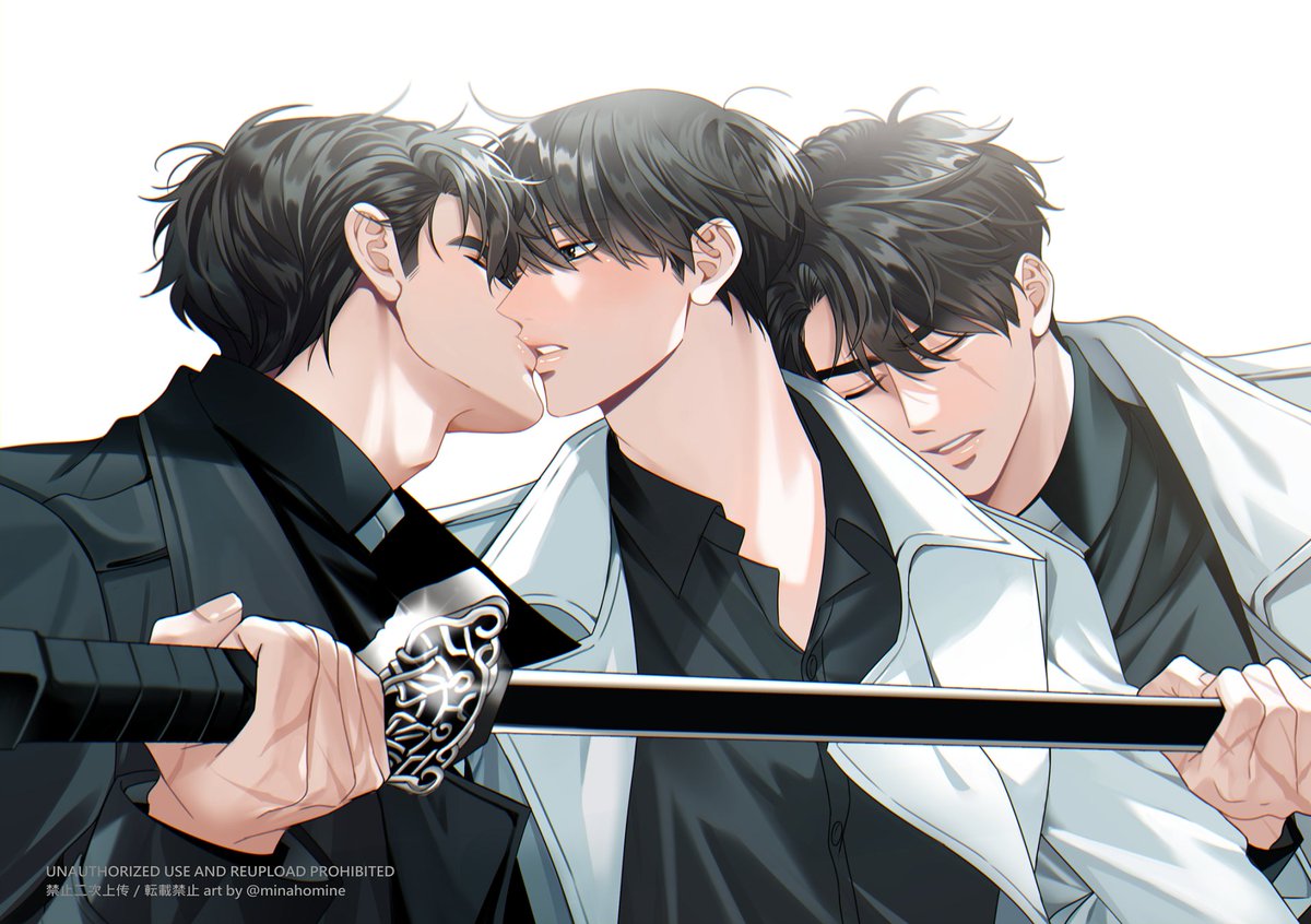 minataka94, kim dokja, yoo joonghyuk, omniscient reader's viewpoint, 2boys, adam's apple, black coat, black eyes, black shirt, buttons, clone, coat, high collar, holding, holding weapon, katana, lips, male focus, multiple boys, scar, scar across eye, scar on face, scar on hand, shirt, simple background, sword, upper body, weapon, white background, white coat, yaoi