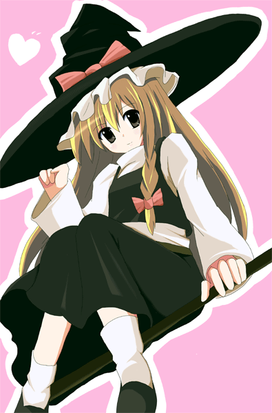 kirisame marisa, touhou, eyebrows, 1girl, black eyes, black hat, black shoes, black skirt, black vest, blonde hair, bow, braid, broom, broom riding, closed mouth, female focus, hair between eyes, hair bow, hand on headwear, hat, hat bow, heart, light smile, long hair, long sleeves, mary janes, outline, pink background, red bow, riding, shirt, shoes, sidesaddle, sitting, skirt, socks, solo, turtleneck, vest, white shirt, white socks, witch hat